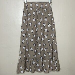 BIBA Skirt Tan & White Floral Ruffle Hem Elastic Waist Pull MIDI NWT Small